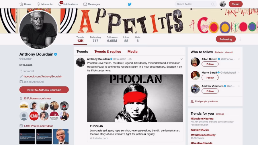 Anthony Bourdain Tweets Support for Phoolan Devi Documentary Film